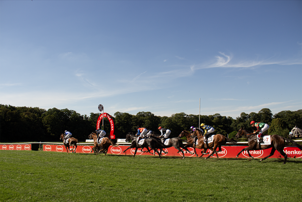 Pferderennen in dem die Pferde gerade die Ziellienie übequeren 