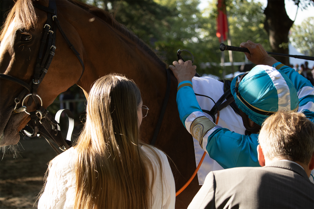 Bild von einem Pferd und einem Jockey der gerade dabei ist aufzusteigen